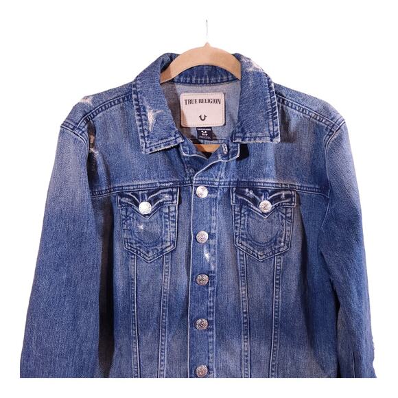 True Religion Gigi Destroyed Medium Wash Rigid Denim Trucker Jacket Women's S - Picture 4 of 8